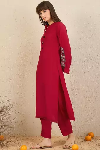 Mandarin Collar Thread Work Straight Kurta with Trousers