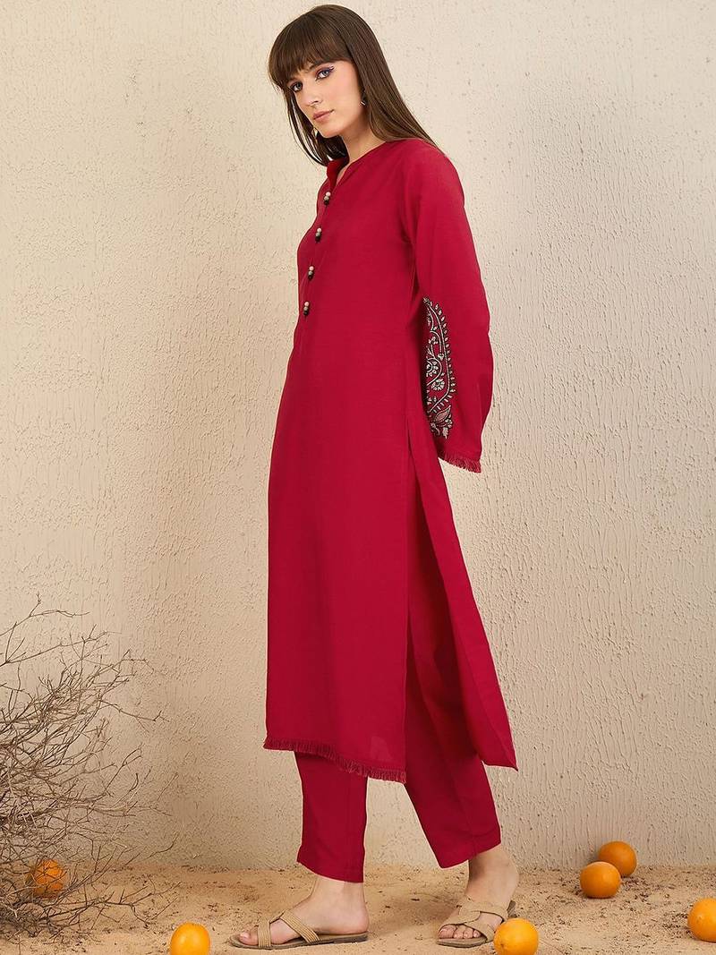 Mandarin Collar Thread Work Straight Kurta with Trousers