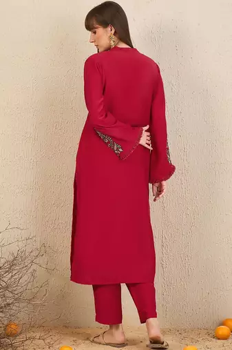 Mandarin Collar Thread Work Straight Kurta with Trousers