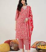 Floral Printed Straight Kurta With Trousers & Dupatta