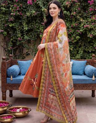 women floral embroidered regular thread work  cotton kurta with trousers & with dupatta 2