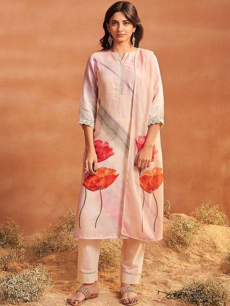 Women Floral Printed Regular Linen Kurta with Trousers & With Dupatta