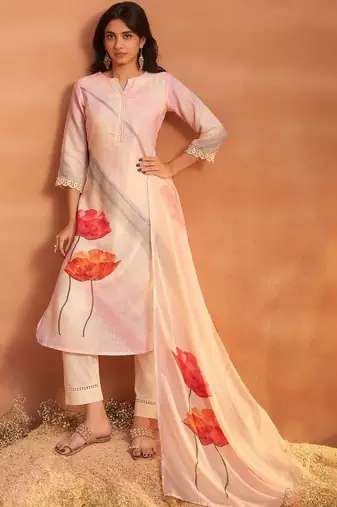 Women Floral Printed Regular Linen Kurta with Trousers & With Dupatta