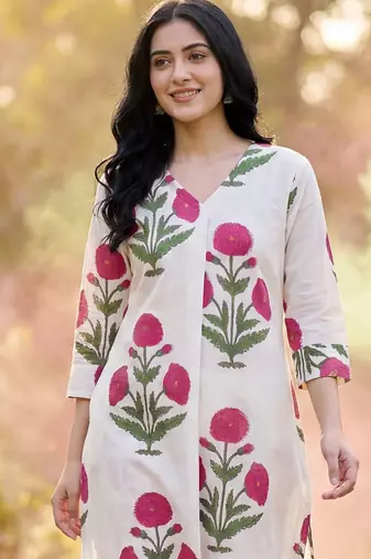 women floral printed regular  cotton kurta with trousers