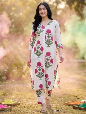 Women Floral Printed Regular Pure Cotton Kurta with Trousers 2