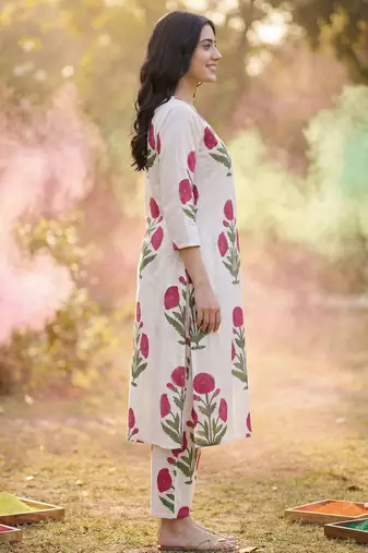 women floral printed regular  cotton kurta with trousers