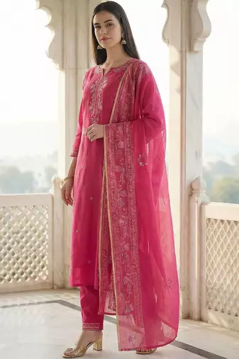 Women Floral Embroidered Regular Thread Work Kurta with Trousers & With Dupatta