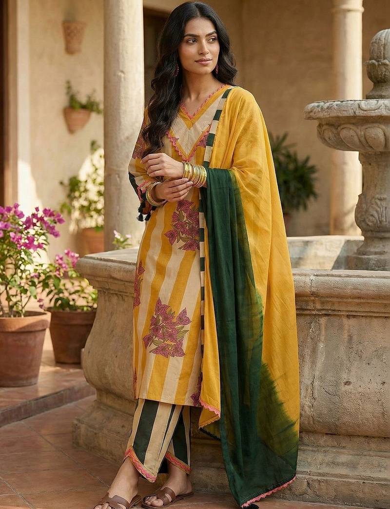 Women Printed Regular Pure Cotton Kurta with Trousers & With Dupatta