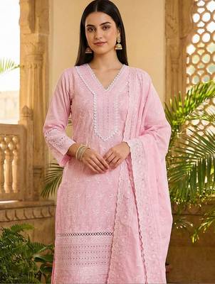 Women Ethnic Motifs Embroidered Regular Chikankari Pure Cotton Kurta with Trousers & With Dupatta 2