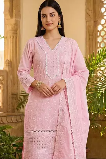 Women Ethnic Motifs Embroidered Regular Chikankari Pure Cotton Kurta with Trousers & With Dupatta