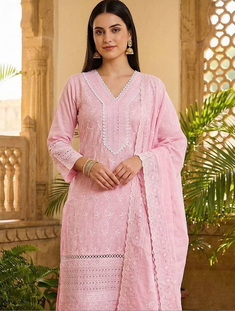 Women Ethnic Motifs Embroidered Regular Chikankari Pure Cotton Kurta with Trousers & With Dupatta