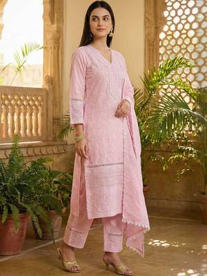Women Ethnic Motifs Embroidered Regular Chikankari Pure Cotton Kurta with Trousers & With Dupatta 3