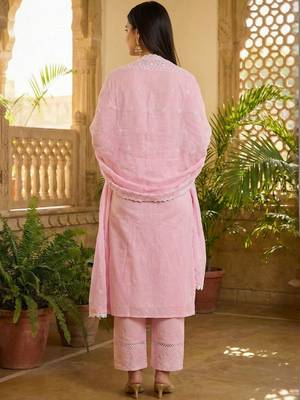 Women Ethnic Motifs Embroidered Regular Chikankari Pure Cotton Kurta with Trousers & With Dupatta 4