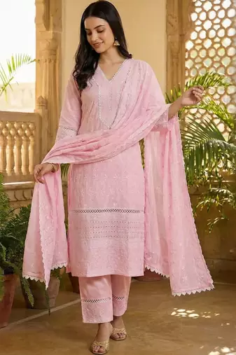 Women Ethnic Motifs Embroidered Regular Chikankari Pure Cotton Kurta with Trousers & With Dupatta