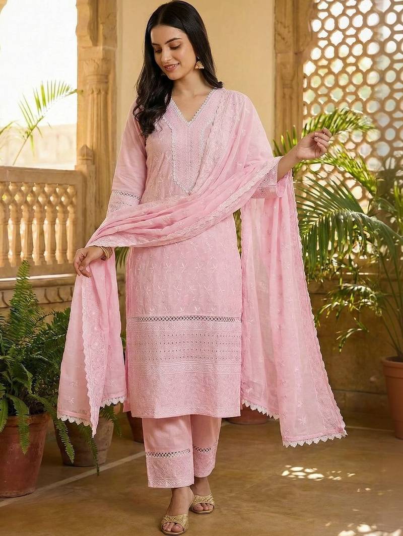 Women Ethnic Motifs Embroidered Regular Chikankari Pure Cotton Kurta with Trousers & With Dupatta