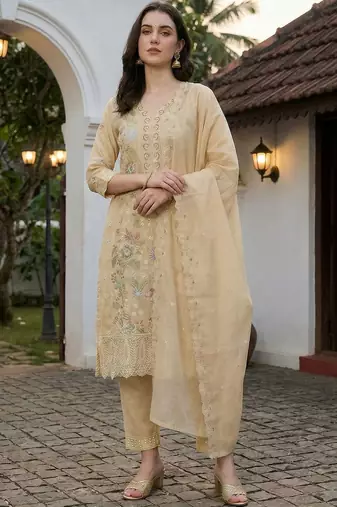 women floral embroidered regular thread work  cotton kurta with trousers & with dupatta