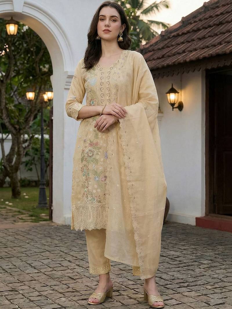 Women Floral Embroidered Regular Thread Work Pure Cotton Kurta with Trousers & With Dupatta