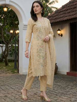 Women Floral Embroidered Regular Thread Work Pure Cotton Kurta with Trousers & With Dupatta 3