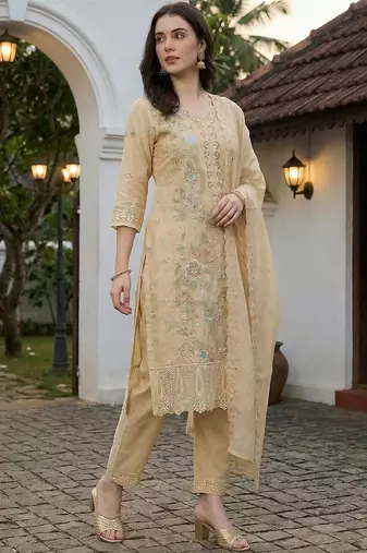 women floral embroidered regular thread work  cotton kurta with trousers & with dupatta