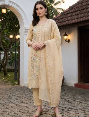 Women Floral Embroidered Regular Thread Work Pure Cotton Kurta with Trousers & With Dupatta 4