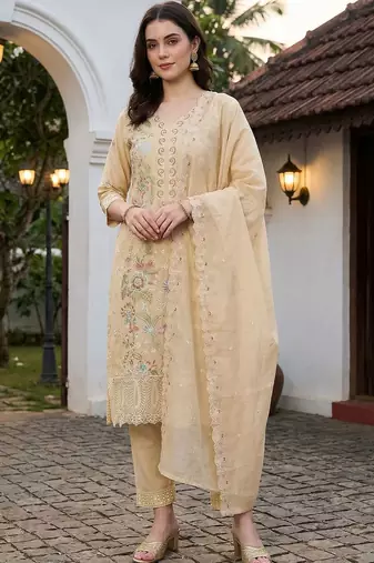 women floral embroidered regular thread work  cotton kurta with trousers & with dupatta