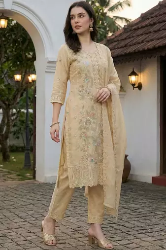 women floral embroidered regular thread work  cotton kurta with trousers & with dupatta