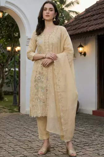 women floral embroidered regular thread work  cotton kurta with trousers & with dupatta