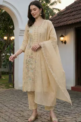 women floral embroidered regular thread work  cotton kurta with trousers & with dupatta