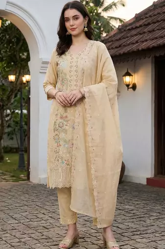 women floral embroidered regular thread work  cotton kurta with trousers & with dupatta
