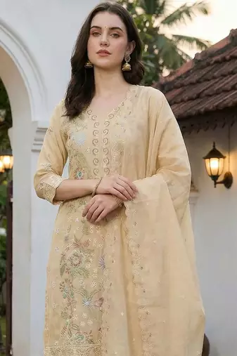 women floral embroidered regular thread work  cotton kurta with trousers & with dupatta