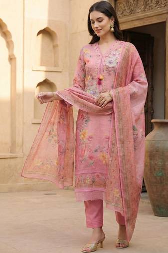 Women Floral Printed Regular Thread Work Linen Kurta with Trousers & With Dupatta