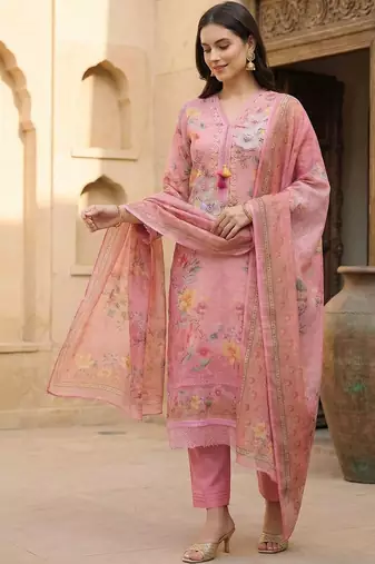 Women Floral Printed Regular Thread Work Linen Kurta with Trousers & With Dupatta