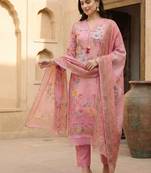 Women Floral Printed Regular Thread Work Linen Kurta with Trousers & With Dupatta