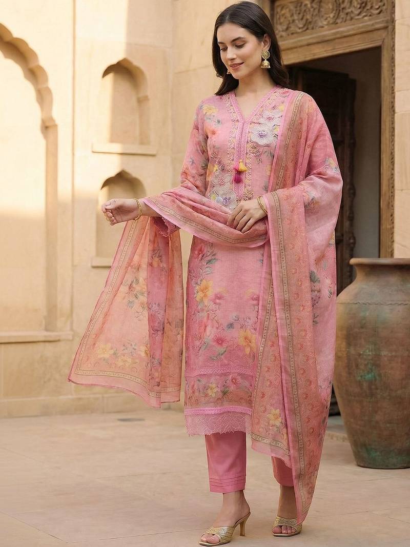 Women Floral Printed Regular Thread Work Linen Kurta with Trousers & With Dupatta