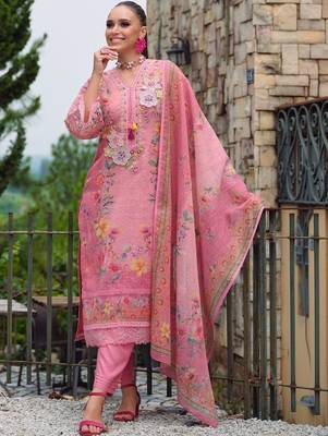 Women Floral Printed Regular Thread Work Linen Kurta with Trousers & With Dupatta 4