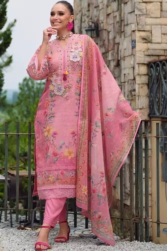 Women Floral Printed Regular Thread Work Linen Kurta with Trousers & With Dupatta