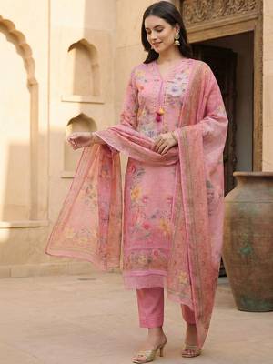 Women Floral Printed Regular Thread Work Linen Kurta with Trousers & With Dupatta 1