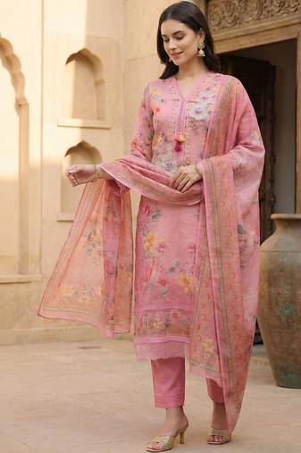 Women Floral Printed Regular Thread Work Linen Kurta with Trousers & With Dupatta