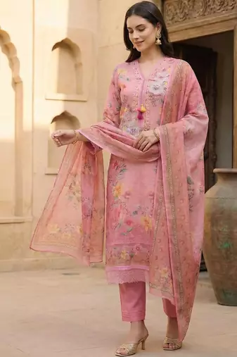 Women Floral Printed Regular Thread Work Linen Kurta with Trousers & With Dupatta
