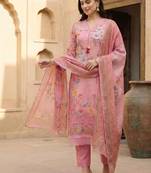 Women Floral Printed Regular Thread Work Linen Kurta with Trousers & With Dupatta