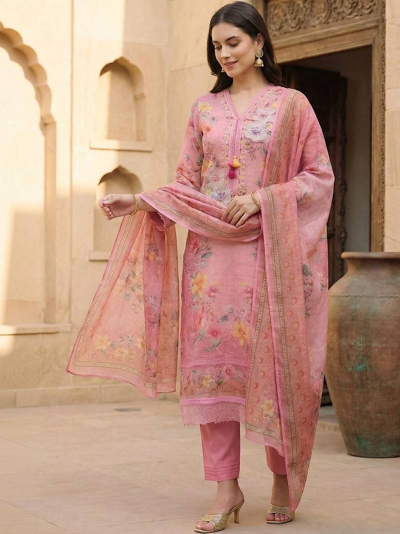 Women Floral Printed Regular Thread Work Linen Kurta with Trousers & With Dupatta