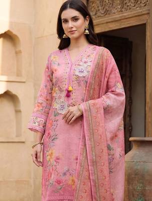 Women Floral Printed Regular Thread Work Linen Kurta with Trousers & With Dupatta 2