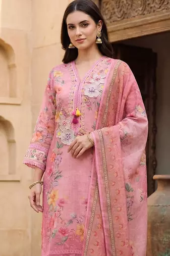 Women Floral Printed Regular Thread Work Linen Kurta with Trousers & With Dupatta