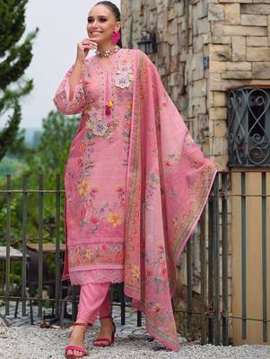 Women Floral Printed Regular Thread Work Linen Kurta with Trousers & With Dupatta 4