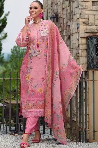 Women Floral Printed Regular Thread Work Linen Kurta with Trousers & With Dupatta