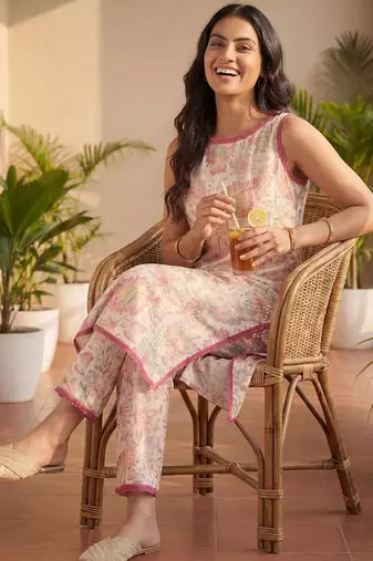 women floral printed regular  cotton kurta with trousers