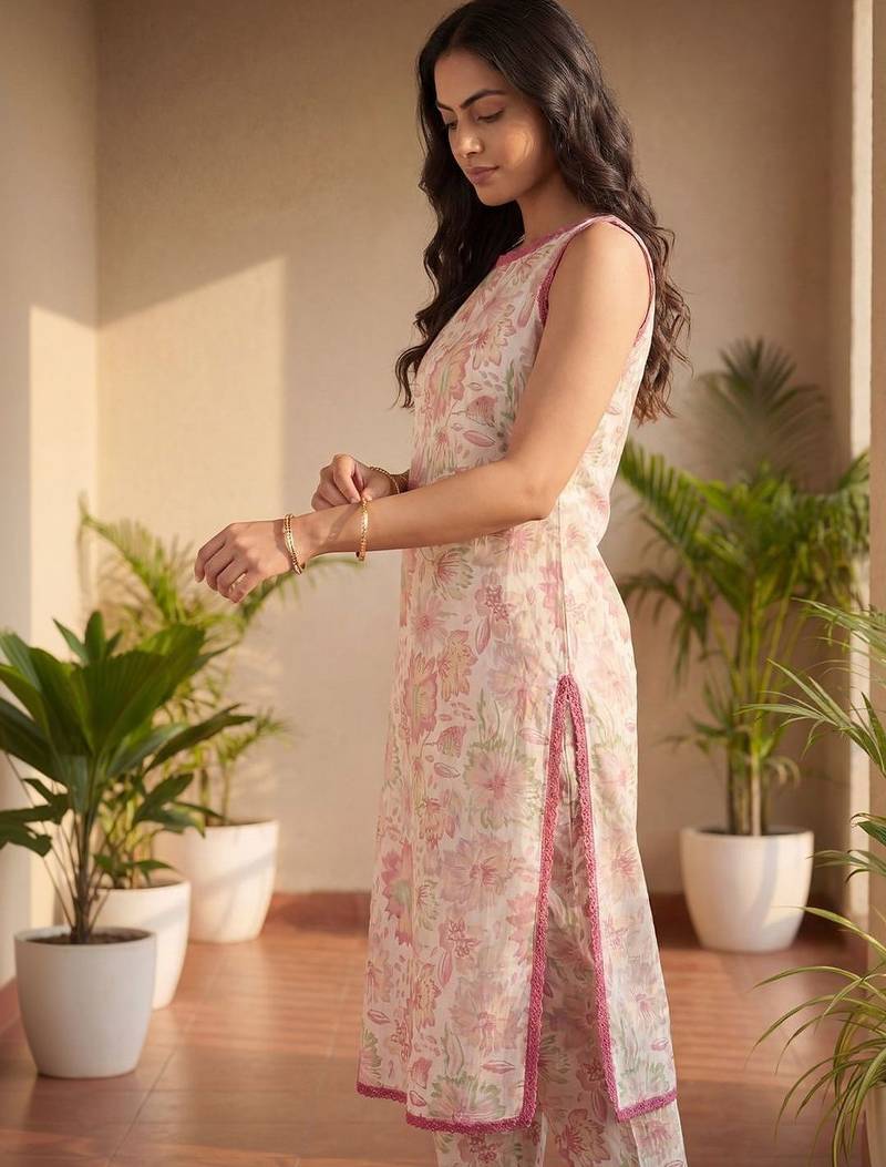 women floral printed regular  cotton kurta with trousers