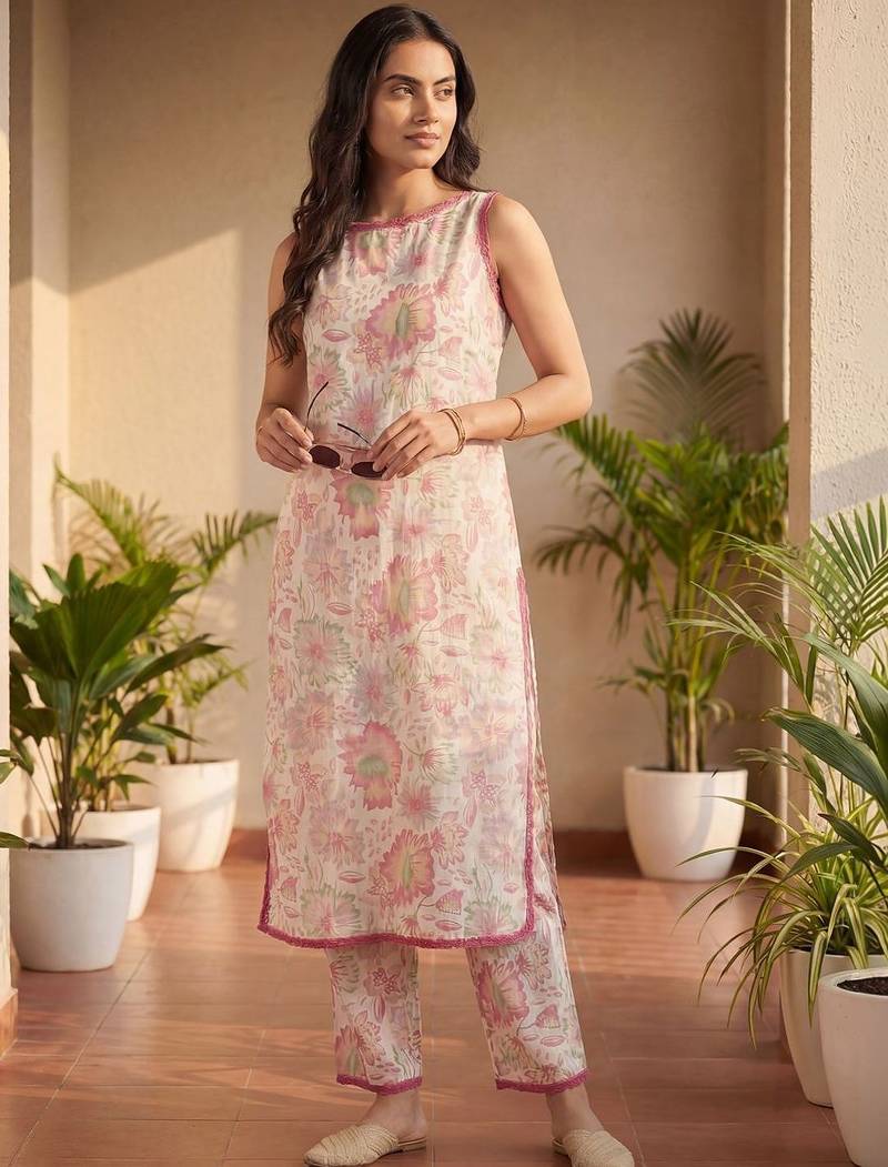 women floral printed regular  cotton kurta with trousers