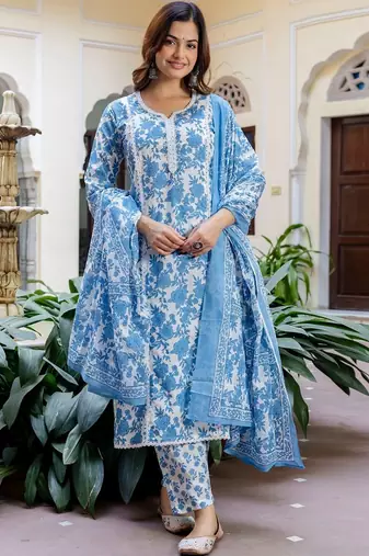 Women Floral Printed Regular Pure Cotton Kurta with Trousers & With Dupatta