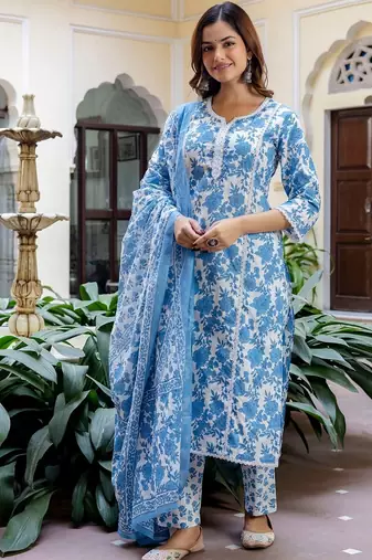Women Floral Printed Regular Pure Cotton Kurta with Trousers & With Dupatta